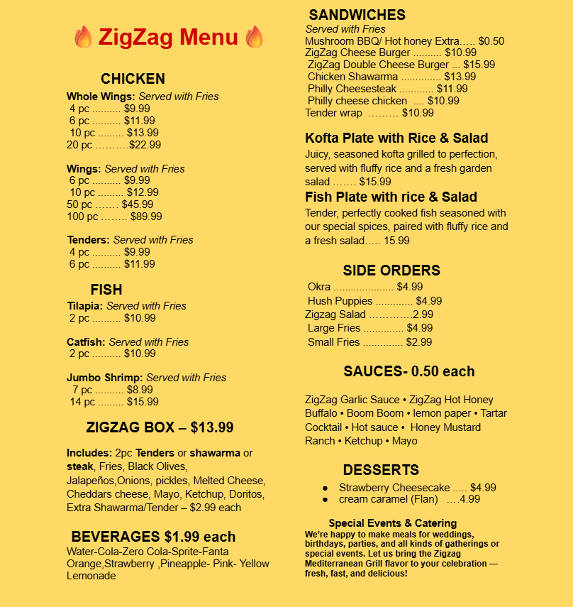 ZigZag Menu displaying chicken, fish, sandwiches, kofta, desserts, and beverages with prices.